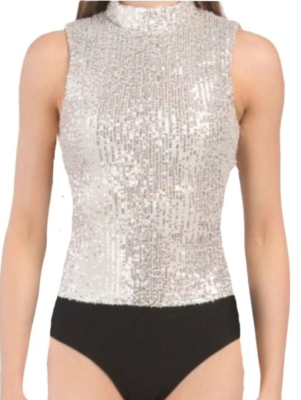 7 for all mankind Sleeveless Sequin Tank Style Mock Neck Bodysuit Silver Size M